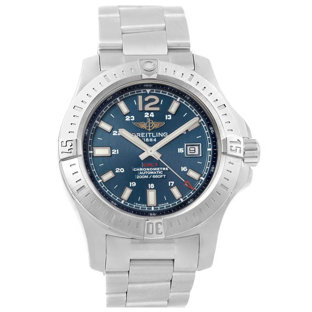 This image shows a front view of the Breitling Colt A17388 Men's Stainless Steel Blue Dial A17388 Men's Stainless Steel Blue Dial watch, displaying the watch face, bezel, and bracelet.
