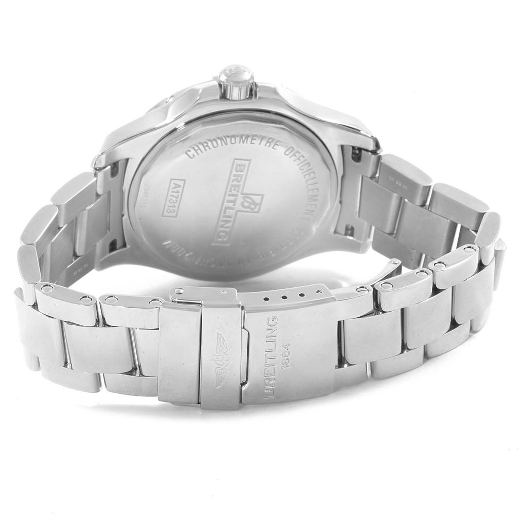 This image shows the rear view of the Breitling Colt A17313 Men's Stainless Steel Black Dial A17313 Men's Stainless Steel Black Dial watch, highlighting its case back and stainless steel bracelet clasp.