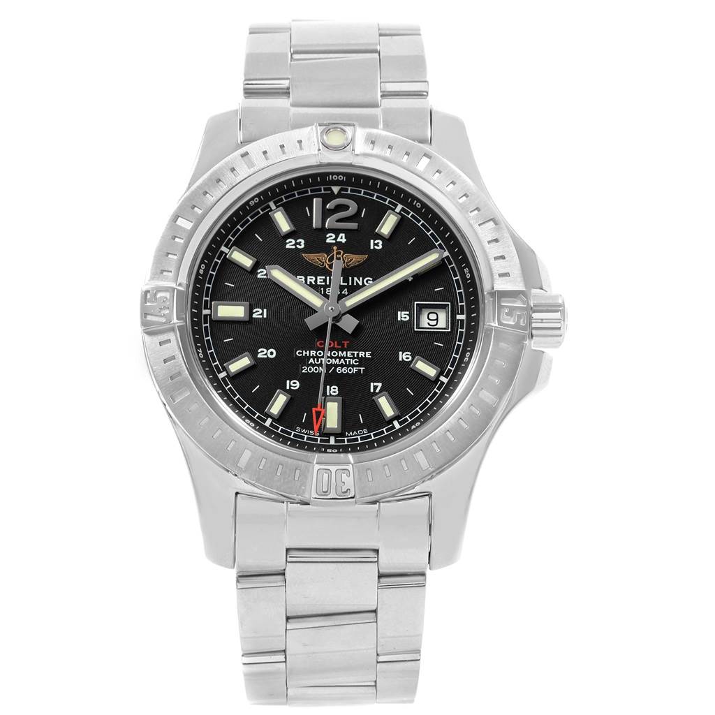 The image shows a front view of the Breitling Colt A17313 Men's Stainless Steel Black Dial A17313 Men's Stainless Steel Black Dial watch, highlighting its dial, bezel, and metal bracelet.