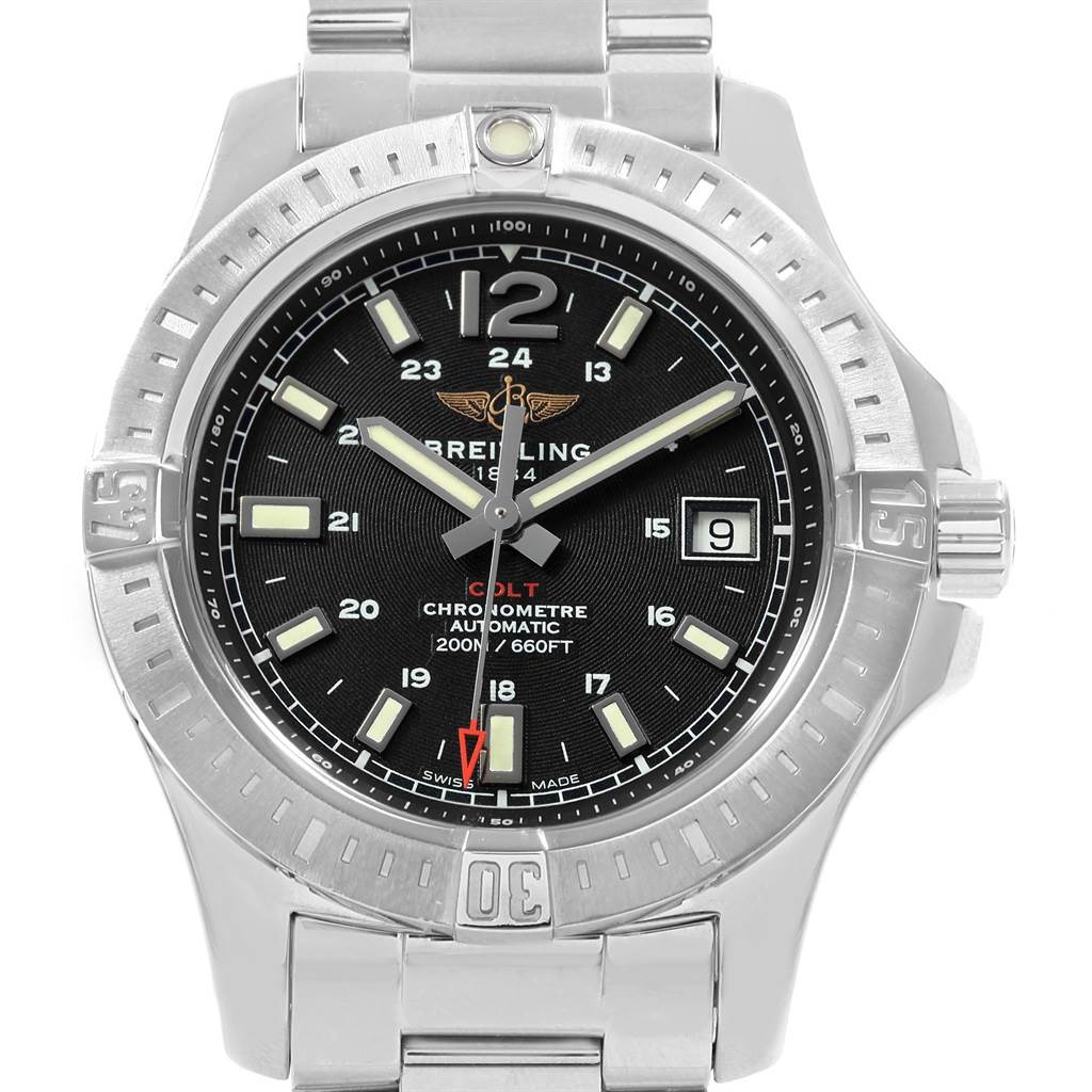The image shows a front view of the Breitling Colt A17313 Men's Stainless Steel Black Dial A17313 Men's Stainless Steel Black Dial watch, detailing the face, bezel, and part of the bracelet.