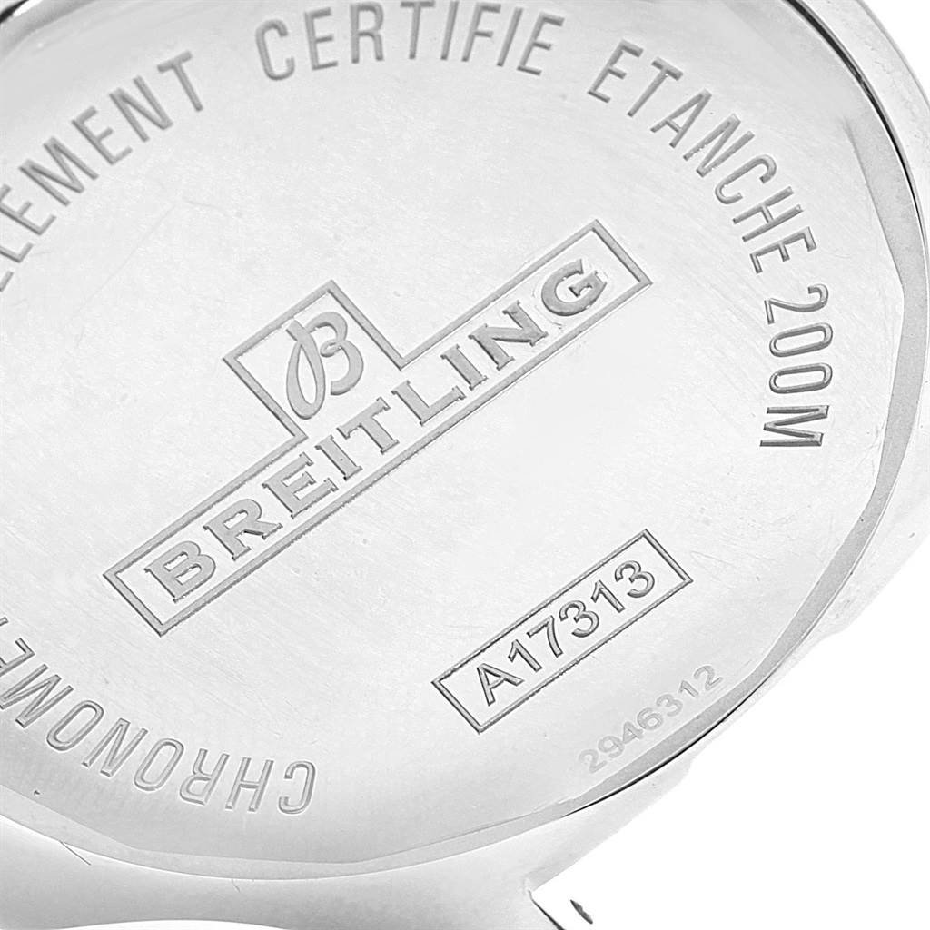 The image shows the case back of a Breitling Colt A17313 Men's Stainless Steel Black Dial A17313 Men's Stainless Steel Black Dial watch, highlighting model information and water resistance.