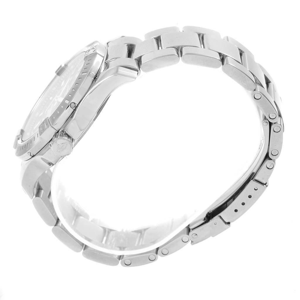 The image shows a side view of a Breitling Colt A17313 Men's Stainless Steel Black Dial A17313 Men's Stainless Steel Black Dial watch, highlighting its metal bracelet and part of the case including the crown.