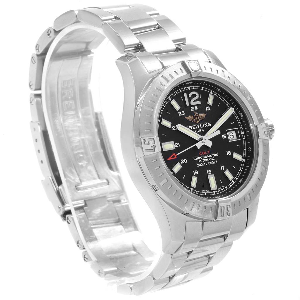 The image shows a Breitling Colt A17313 Men's Stainless Steel Black Dial A17313 Men's Stainless Steel Black Dial model watch from an angled side view, displaying the case, dial, bezel, and part of the metal bracelet.