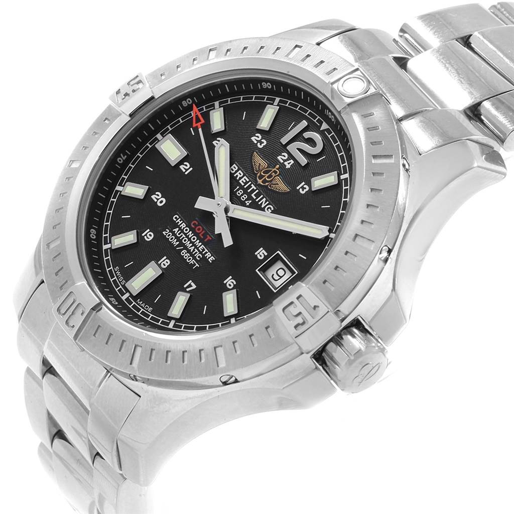 This Breitling Colt A17313 Men's Stainless Steel Black Dial A17313 Men's Stainless Steel Black Dial watch is shown at a three-quarter angle, displaying the face, bezel, crown, and part of the bracelet.