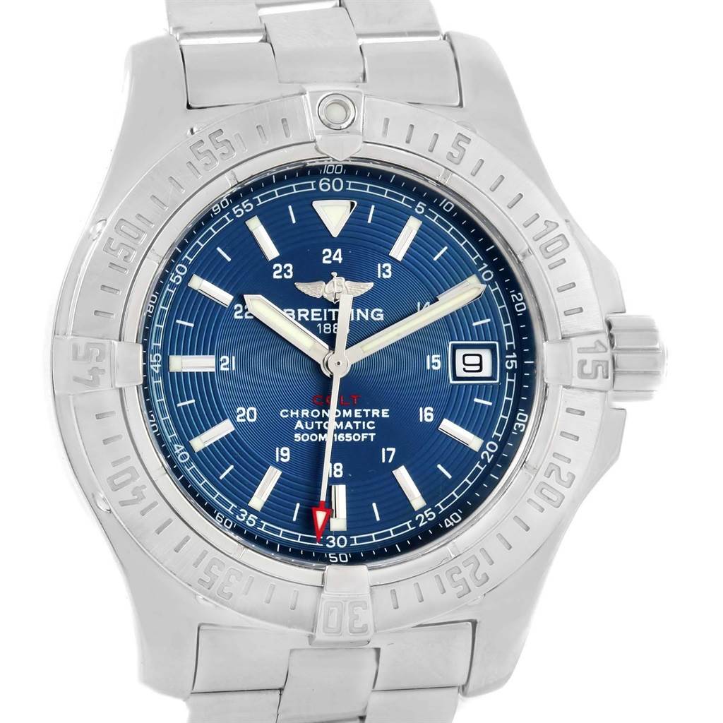 The image shows a front view of a Breitling Colt A17380 Men's Stainless Steel Blue Dial A17380 Men's Stainless Steel Blue Dial watch, displaying its face, bezel, hands, and part of the bracelet.