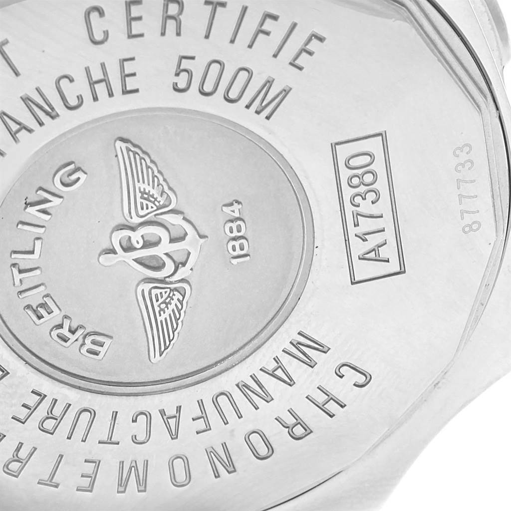 This image shows the back case of the Breitling Colt A17380 Men's Stainless Steel Blue Dial A17380 Men's Stainless Steel Blue Dial watch, highlighting its engravings and logo.