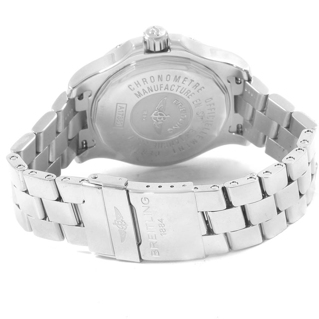 The image shows the back case and bracelet of a Breitling Colt A17380 Men's Stainless Steel Blue Dial A17380 Men's Stainless Steel Blue Dial watch at a rear angle.