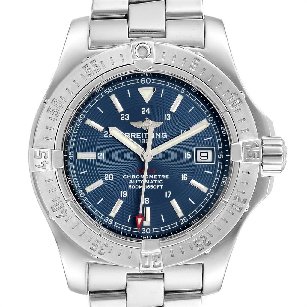 The image shows a front view of the Breitling Colt A17380 Men's Stainless Steel Blue Dial A17380 Men's Stainless Steel Blue Dial watch, highlighting its face, bezel, hands, and part of the bracelet.
