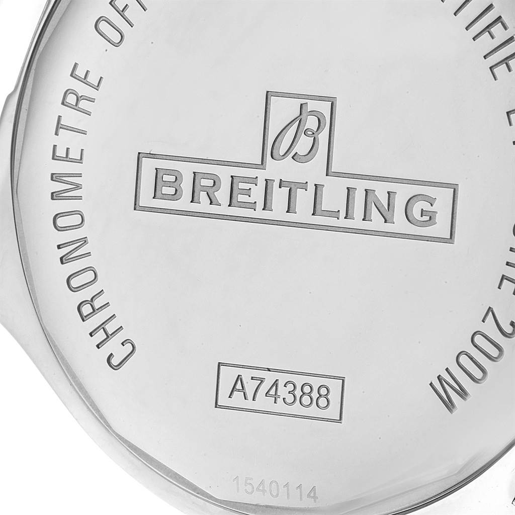 The image shows the back case of the Breitling Colt A74388 Men's Stainless Steel Black Dial A74388 Men's Stainless Steel Black Dial watch, displaying the brand logo, model number (A74388), and serial number.