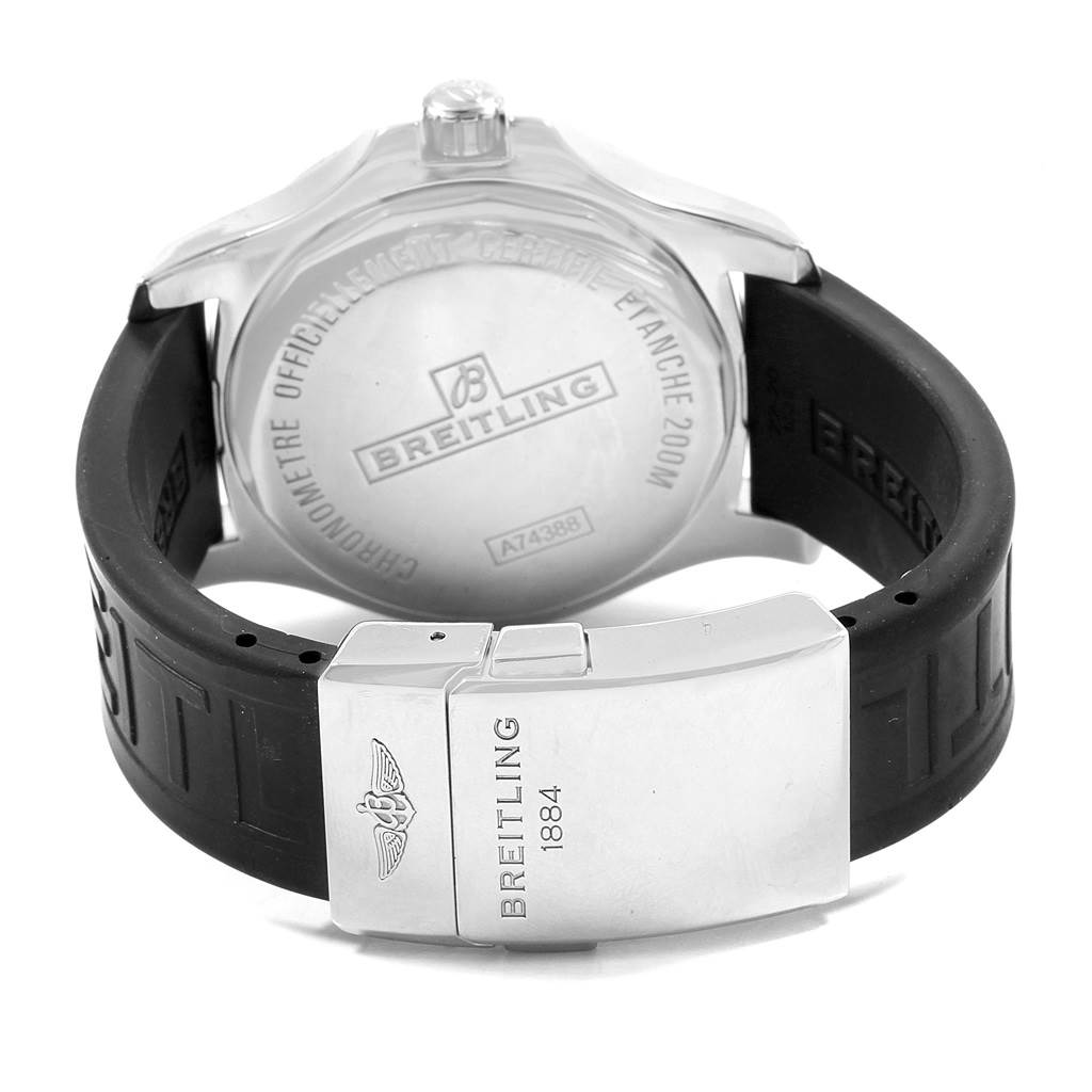 The image shows the back case and clasp of a Breitling Colt A74388 Men's Stainless Steel Black Dial A74388 Men's Stainless Steel Black Dial watch, with the logo and branding visible on the strap and clasp.