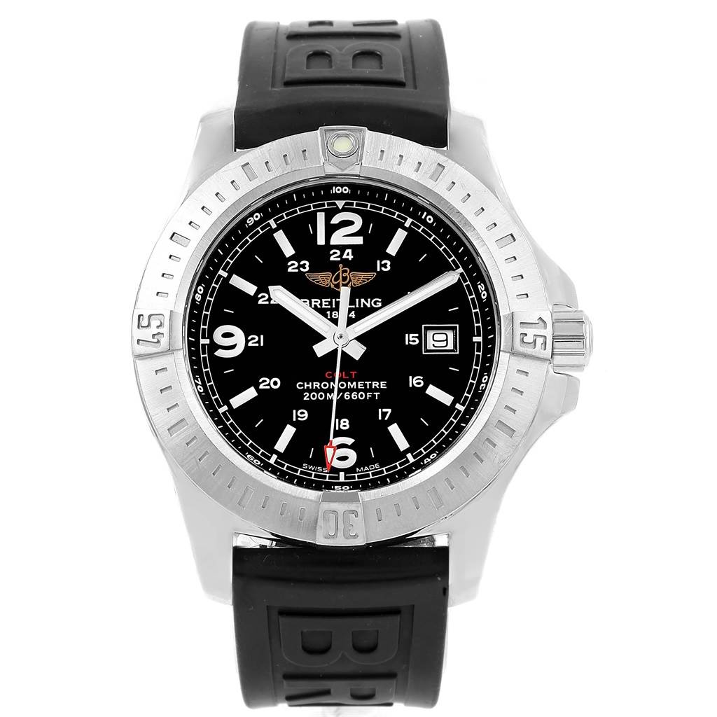 The image shows a front view of the Breitling Colt A74388 Men's Stainless Steel Black Dial A74388 Men's Stainless Steel Black Dial watch, featuring a black dial, a stainless steel bezel, and a black rubber strap.