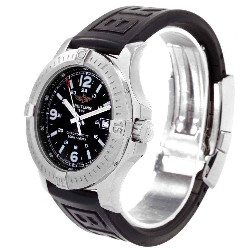 The image shows a side angle of a Breitling Colt A74388 Men's Stainless Steel Black Dial A74388 Men's Stainless Steel Black Dial watch, highlighting the bezel, dial, crown, and part of the rubber strap.