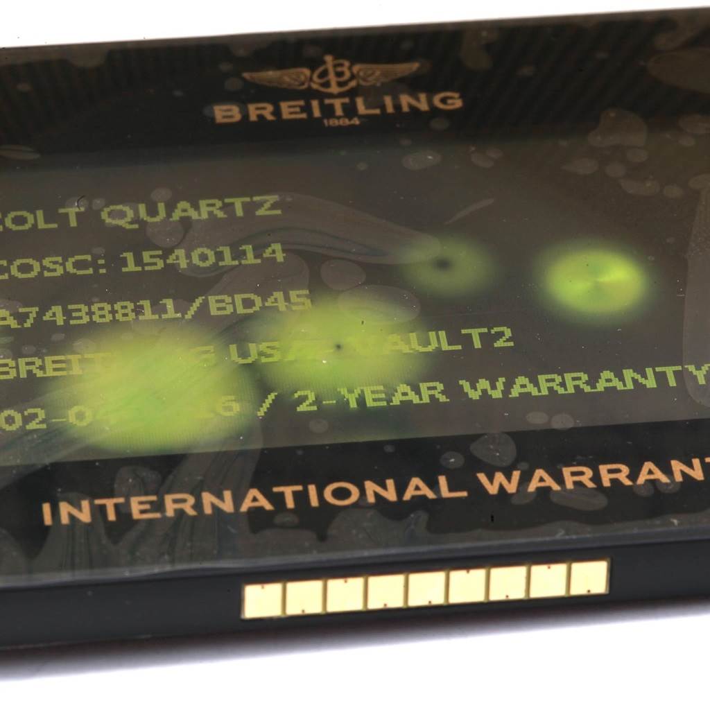 This image shows a close-up of the warranty card for a Breitling Colt A74388 Men's Stainless Steel Black Dial A74388 Men's Stainless Steel Black Dial Quartz watch.