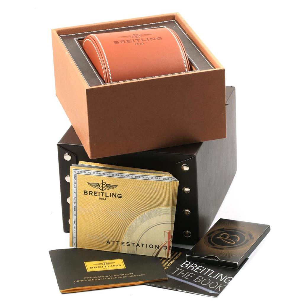 The image shows packaging and documents, including a box and warranty cards, for the Breitling Colt A74388 Men's Stainless Steel Black Dial A74388 Men's Stainless Steel Black Dial model watch.