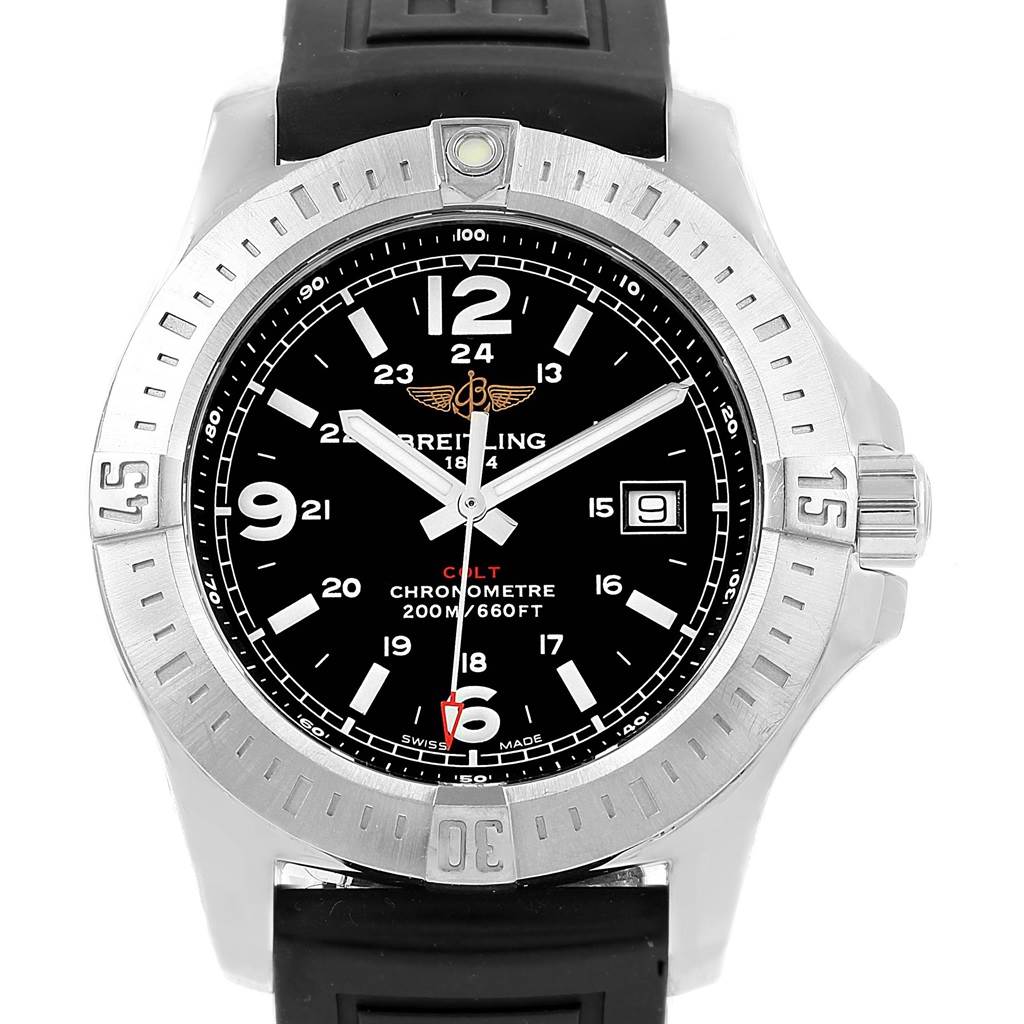 This Breitling Colt A74388 Men's Stainless Steel Black Dial A74388 Men's Stainless Steel Black Dial watch is shown from a top-down angle, displaying the face, bezel, and part of the rubber strap.