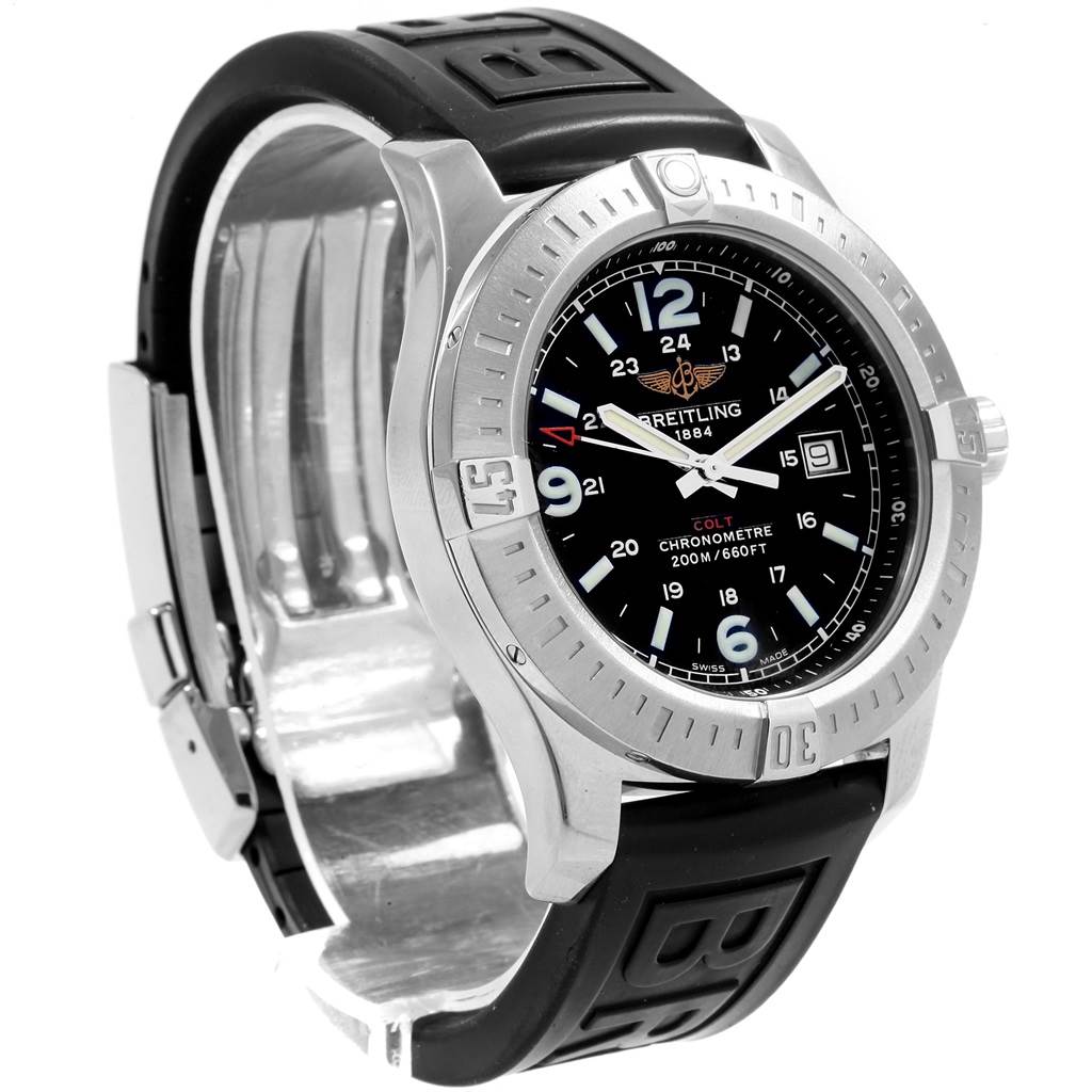 The Breitling Colt A74388 Men's Stainless Steel Black Dial A74388 Men's Stainless Steel Black Dial watch is shown at a slight angle, highlighting its bezel, dial, and rubber strap.