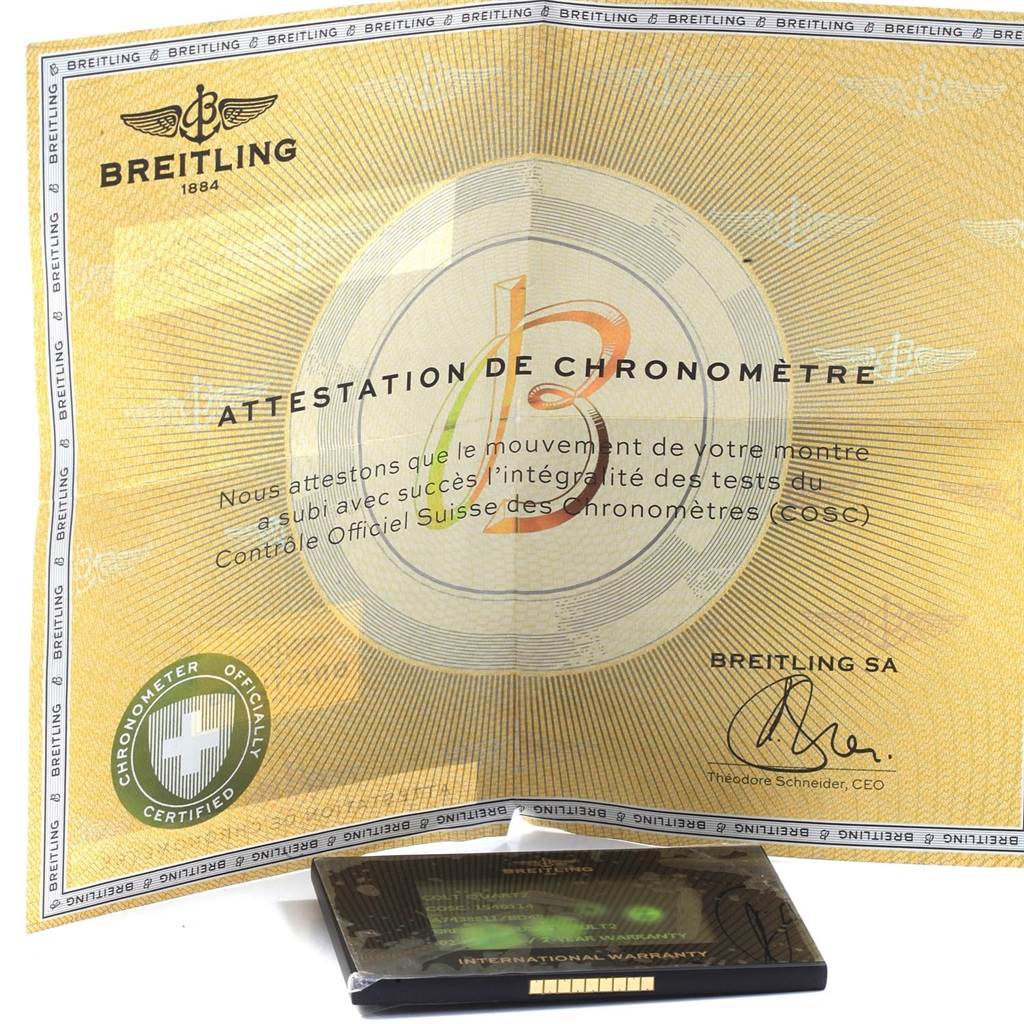 The image shows the certification papers and warranty card for a Breitling Colt A74388 Men's Stainless Steel Black Dial A74388 Men's Stainless Steel Black Dial watch.