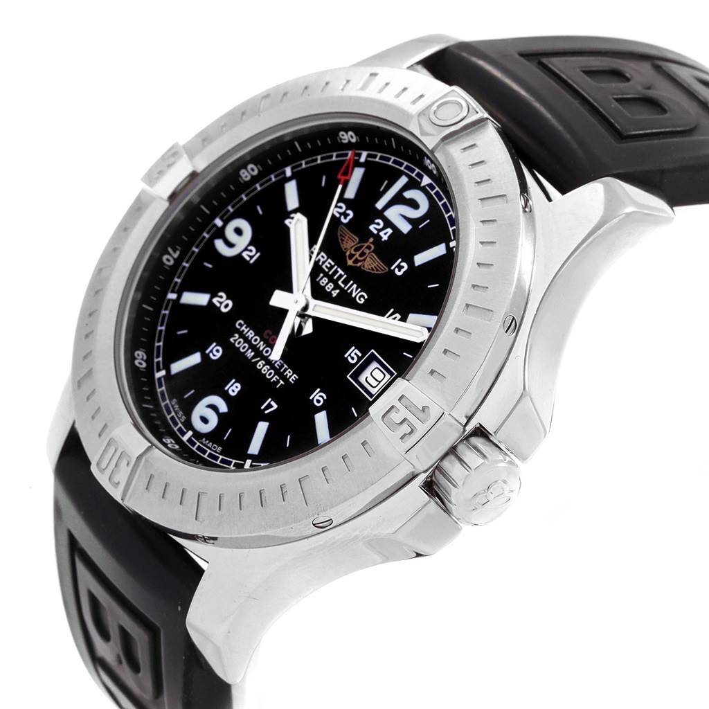 The Breitling Colt A74388 Men's Stainless Steel Black Dial A74388 Men's Stainless Steel Black Dial watch is shown at an angle, featuring the crown, bezel, black dial, and part of the strap.