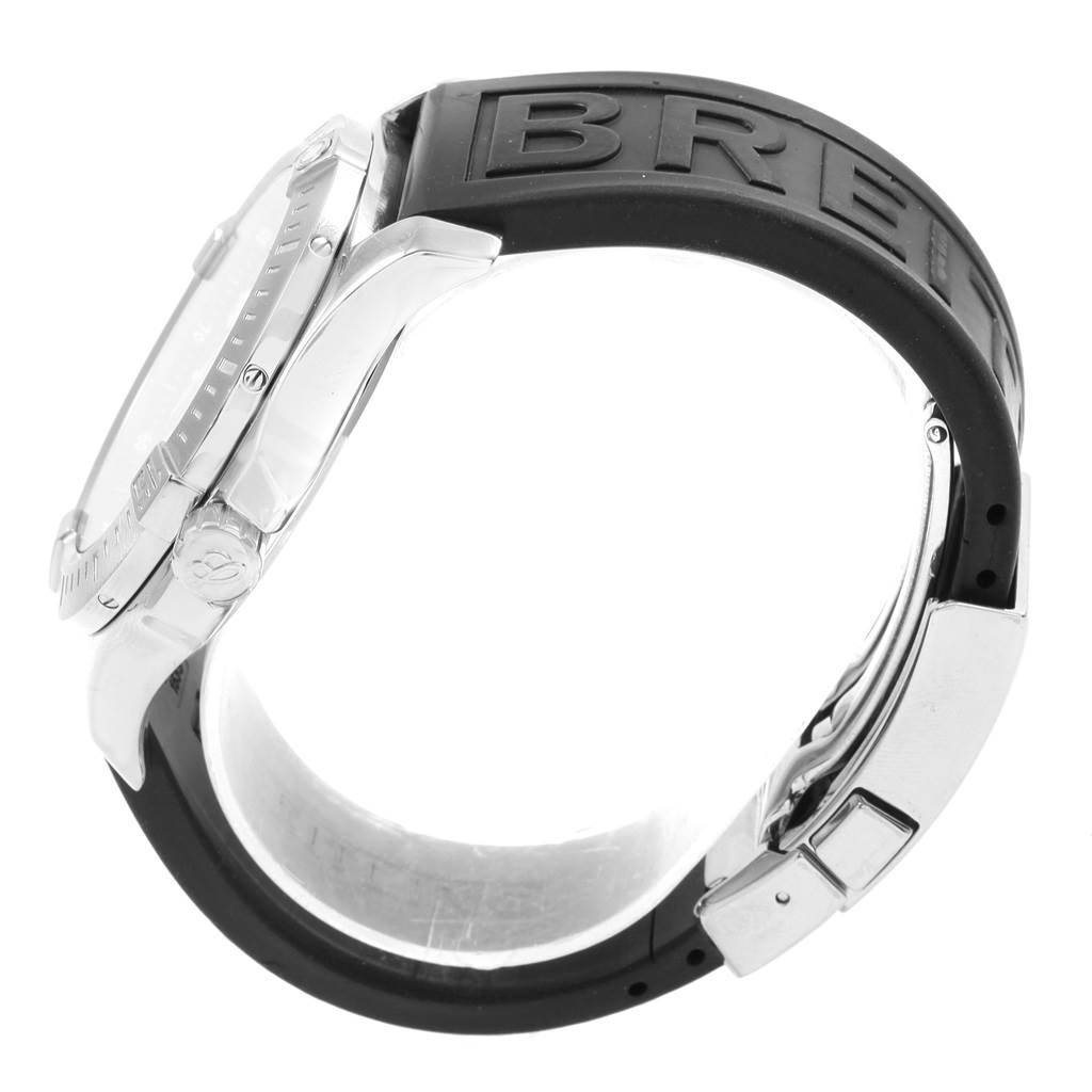 The image shows the side view of a Breitling Colt A74388 Men's Stainless Steel Black Dial A74388 Men's Stainless Steel Black Dial watch, highlighting its crown, bezel, and rubber strap.