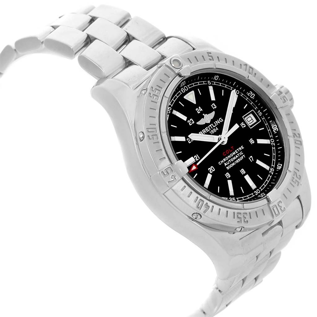 This image shows the Breitling Colt A17380 Men's Stainless Steel Black Dial A17380 Men's Stainless Steel Black Dial watch at a slight angle, highlighting its bezel, face, and part of the metal bracelet.