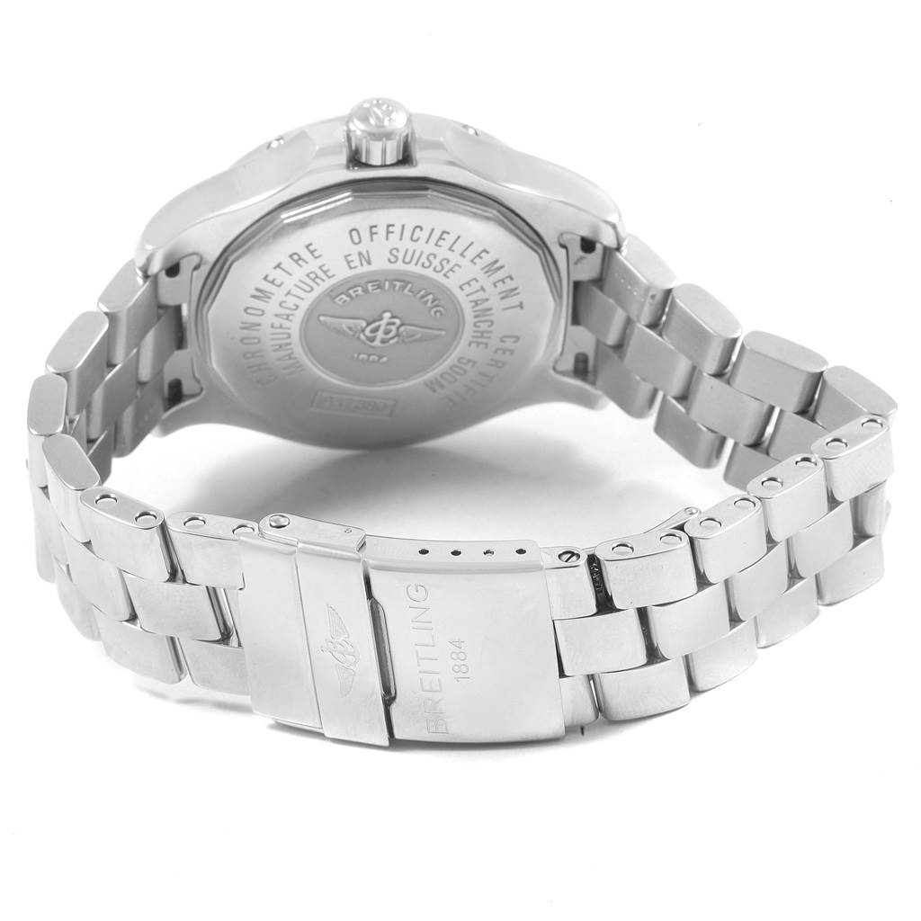 The image shows the back case, crown, and metal bracelet of a Breitling Colt A17380 Men's Stainless Steel Black Dial A17380 Men's Stainless Steel Black Dial watch.