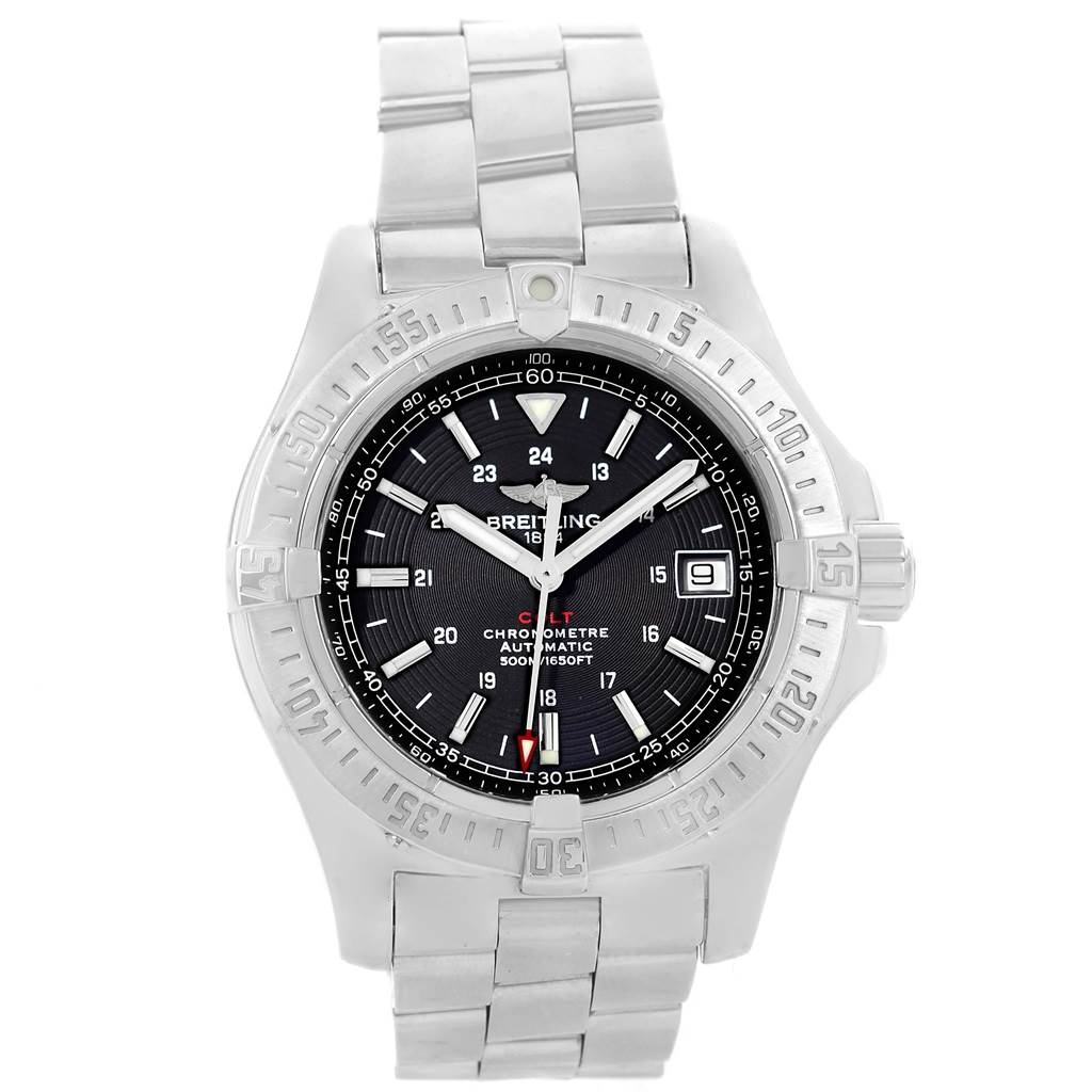 This is a front view of the Breitling Colt A17380 Men's Stainless Steel Black Dial A17380 Men's Stainless Steel Black Dial watch, showing its face, bezel, bracelet, and crown.