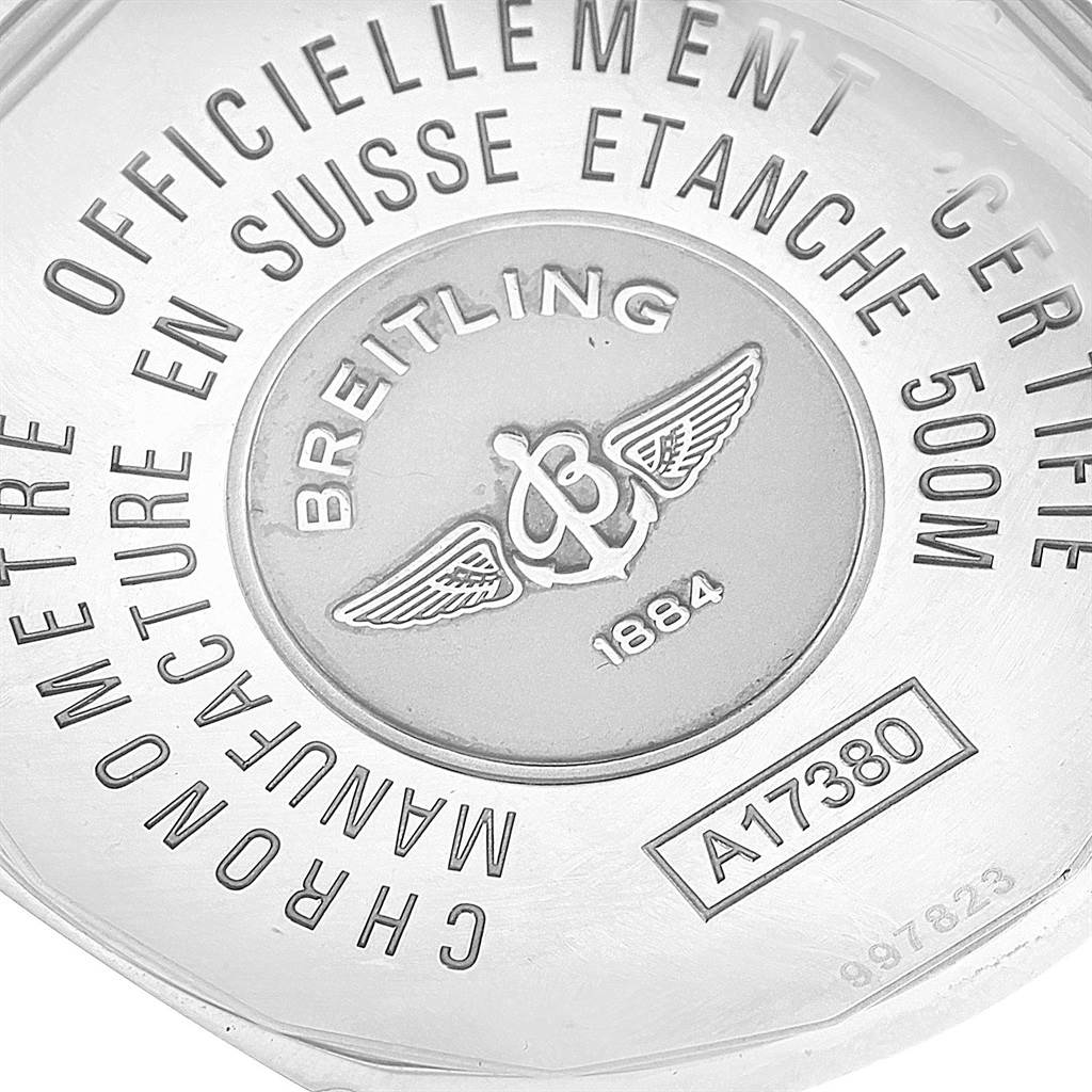 This is the back case of the Breitling Colt A17380 Men's Stainless Steel Black Dial A17380 Men's Stainless Steel Black Dial model watch showing its branding, serial number, and water resistance details.