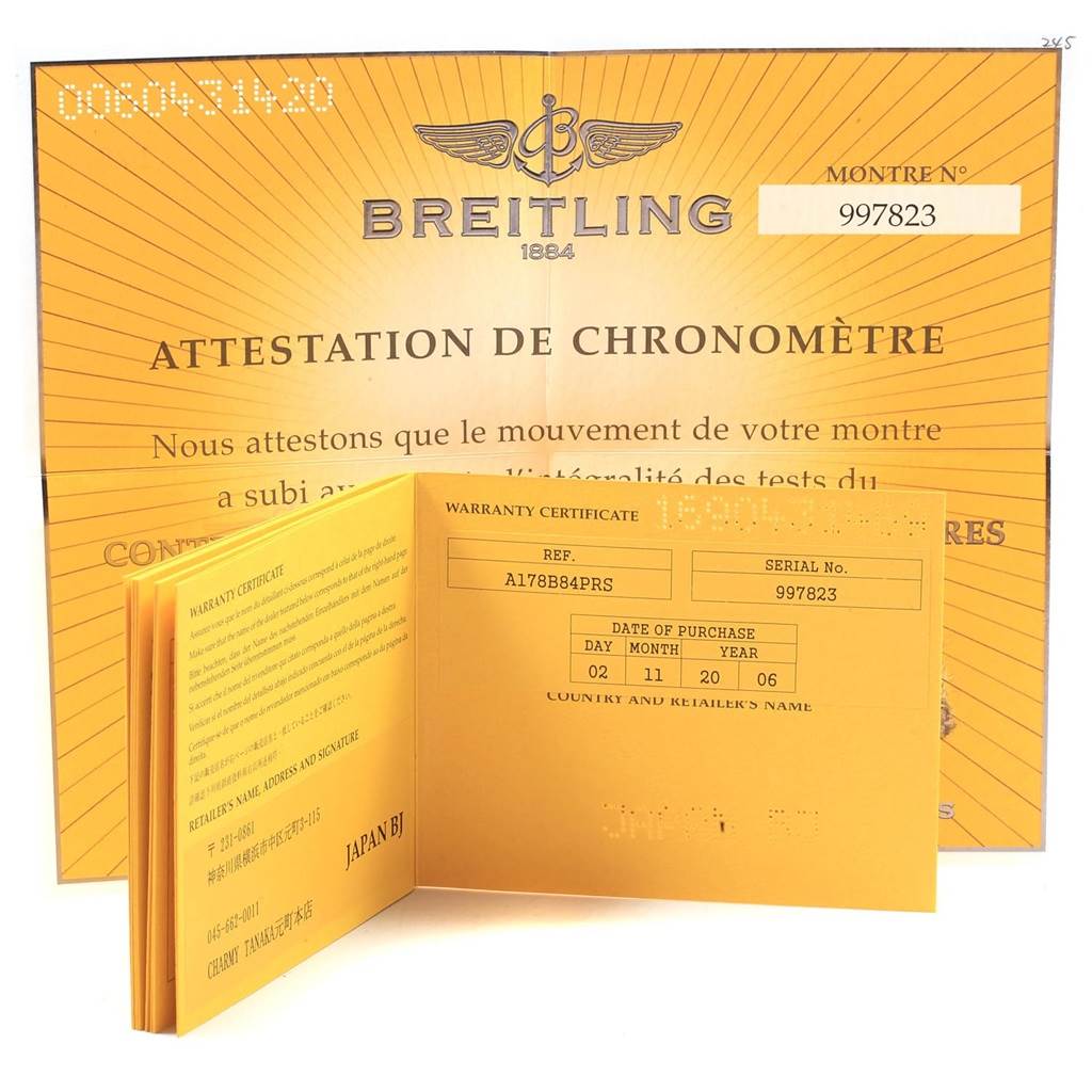 The image shows the warranty certificate and chronometer attestation for a Breitling Colt A17380 Men's Stainless Steel Black Dial A17380 Men's Stainless Steel Black Dial watch.