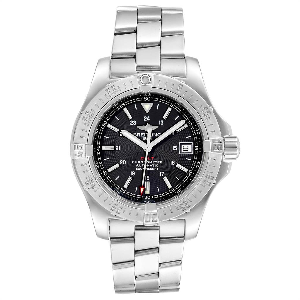 The image shows a front view of a Breitling Colt A17380 Men's Stainless Steel Black Dial A17380 Men's Stainless Steel Black Dial watch, highlighting its dial, bezel, and metal bracelet.