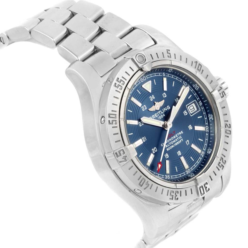 The image shows a side angle of a Breitling Colt A17380 Men's Stainless Steel Blue Dial A17380 Men's Stainless Steel Blue Dial watch, highlighting the blue dial, bezel, and a portion of the metal bracelet.