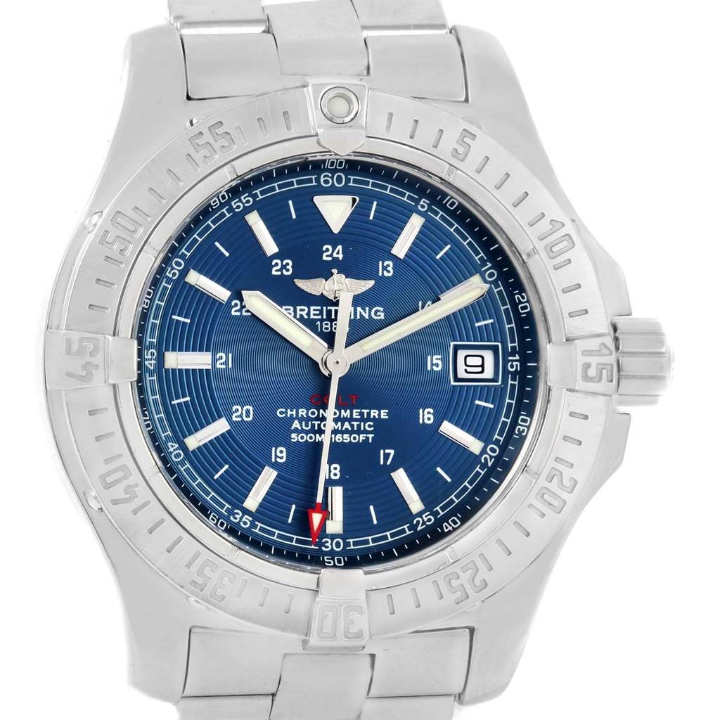 The image shows a front view of a Breitling Colt A17380 Men's Stainless Steel Blue Dial A17380 Men's Stainless Steel Blue Dial watch, highlighting its blue dial, bezel, bracelet, and crown.
