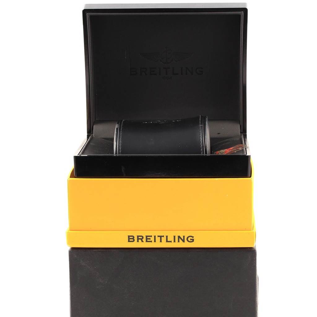 The image shows a Breitling Colt A17380 Men's Stainless Steel Blue Dial A17380 Men's Stainless Steel Blue Dial watch box and its components, such as the packaging and the watch holder, viewed from the front.
