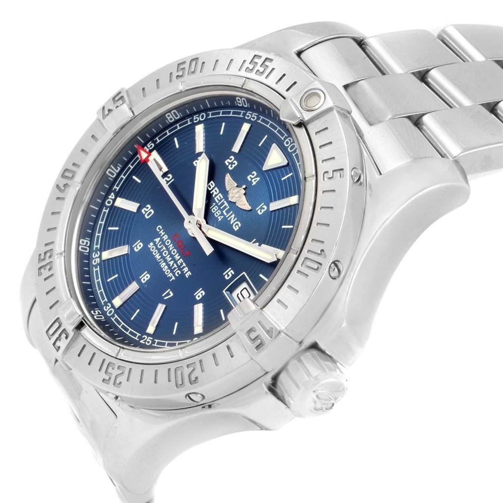 The image shows a close-up, angled view of the Breitling Colt A17380 Men's Stainless Steel Blue Dial A17380 Men's Stainless Steel Blue Dial watch, focusing on the bezel, dial, and metal bracelet.
