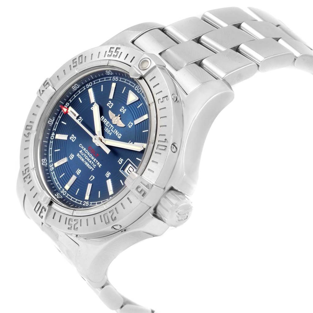 The Breitling Colt A17380 Men's Stainless Steel Blue Dial A17380 Men's Stainless Steel Blue Dial model watch is angled to show the face, bezel, crown, and part of the bracelet.