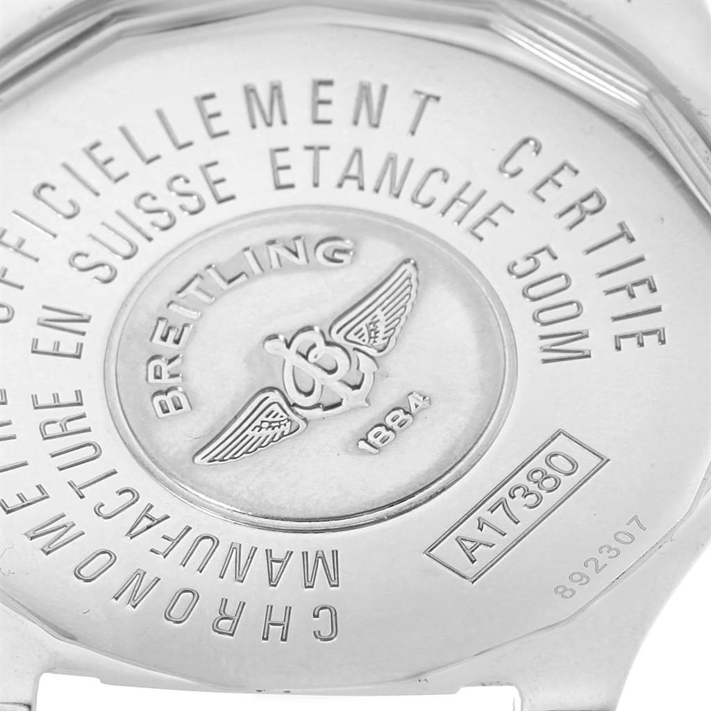 The image shows the back case of a Breitling Colt A17380 Men's Stainless Steel Blue Dial A17380 Men's Stainless Steel Blue Dial watch, displaying the brand logo, model number, and water resistance details.