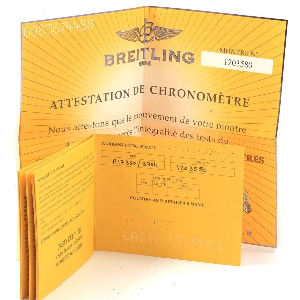 This image shows the warranty and chronometer certificates for the Breitling Colt A17380 Men's Stainless Steel Black Dial A17380 Men's Stainless Steel Black Dial watch model.