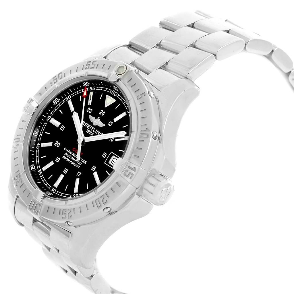 This image shows the Breitling Colt A17380 Men's Stainless Steel Black Dial A17380 Men's Stainless Steel Black Dial watch at a 3/4 angle, featuring the bezel, dial, crown, and metal bracelet.