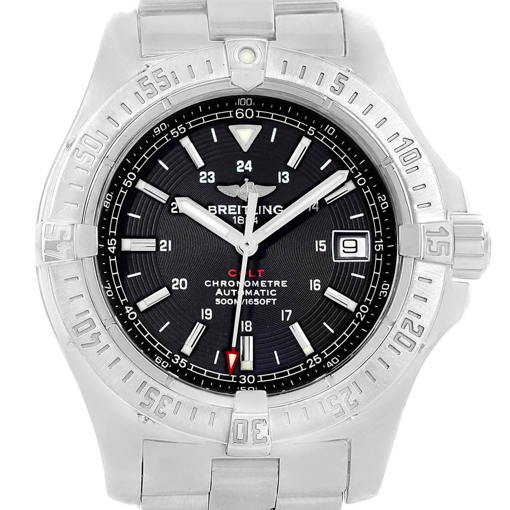 The image shows a front view of the Breitling Colt A17380 Men's Stainless Steel Black Dial A17380 Men's Stainless Steel Black Dial watch, highlighting the bezel, dial, and bracelet.