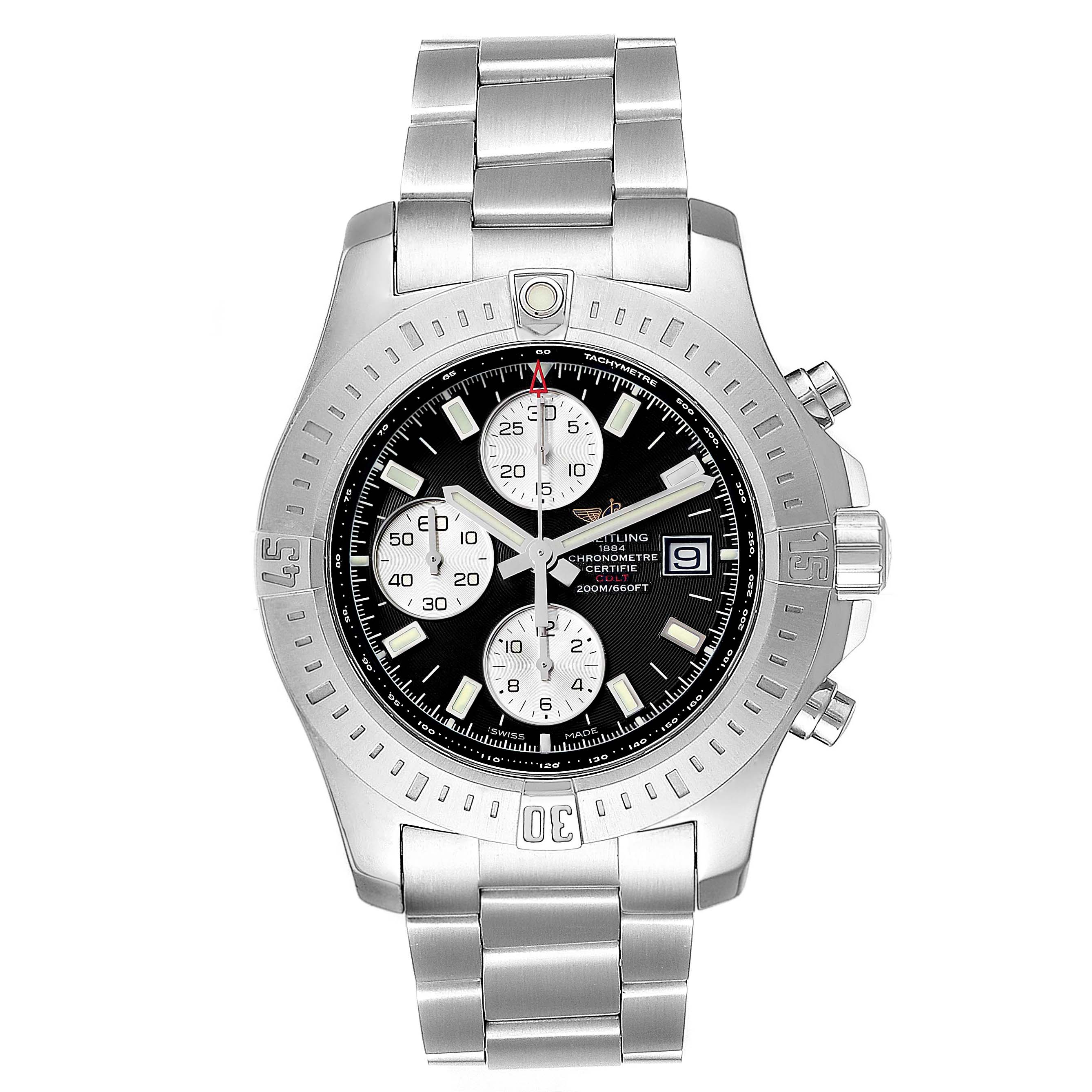 The image shows a front view of a Breitling Colt A13388 Men's Stainless Steel Black Dial A13388 Men's Stainless Steel Black Dial watch, displaying its dial, bezel, and metal bracelet.