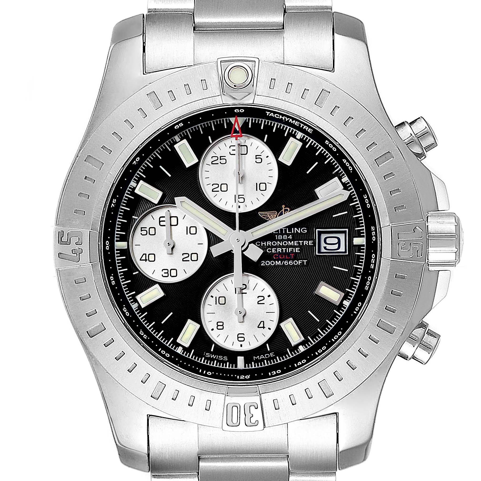 The image shows a front view of a Breitling Colt A13388 Men's Stainless Steel Black Dial A13388 Men's Stainless Steel Black Dial watch, displaying its bezel, dial, subdials, and stainless steel bracelet.