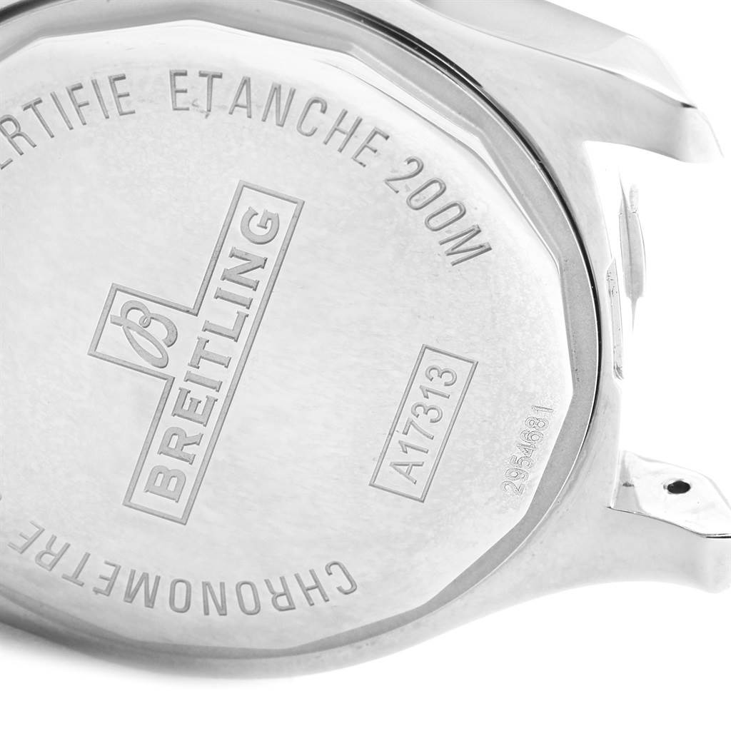 The image shows the back casing of the Breitling Colt A17313 Men's Stainless Steel Silver Dial A17313 Men's Stainless Steel Silver Dial watch, displaying details like water resistance and model numbers.