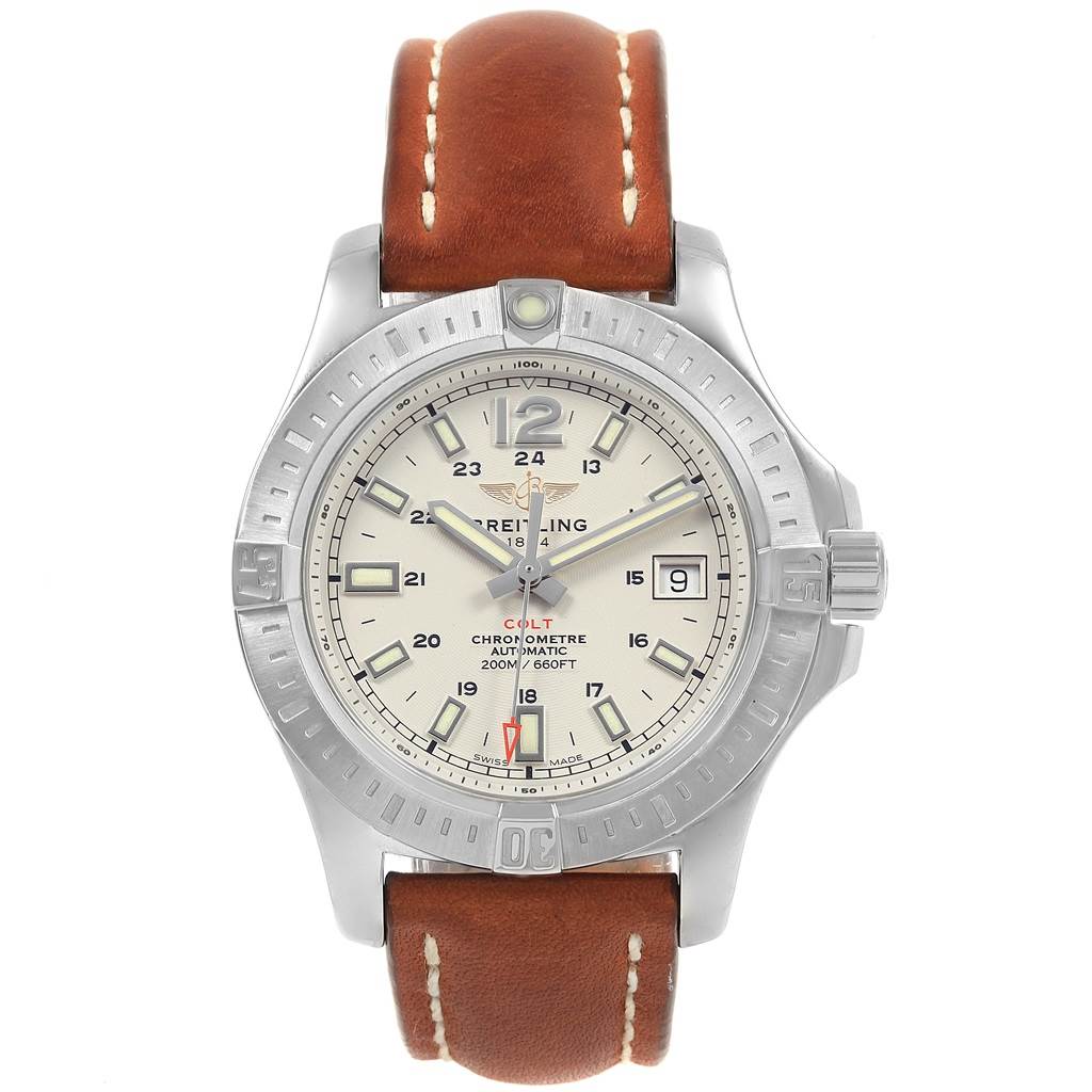 This image shows a front view of the Breitling Colt A17313 Men's Stainless Steel Silver Dial A17313 Men's Stainless Steel Silver Dial watch, including the bezel, case, dial, and leather strap.