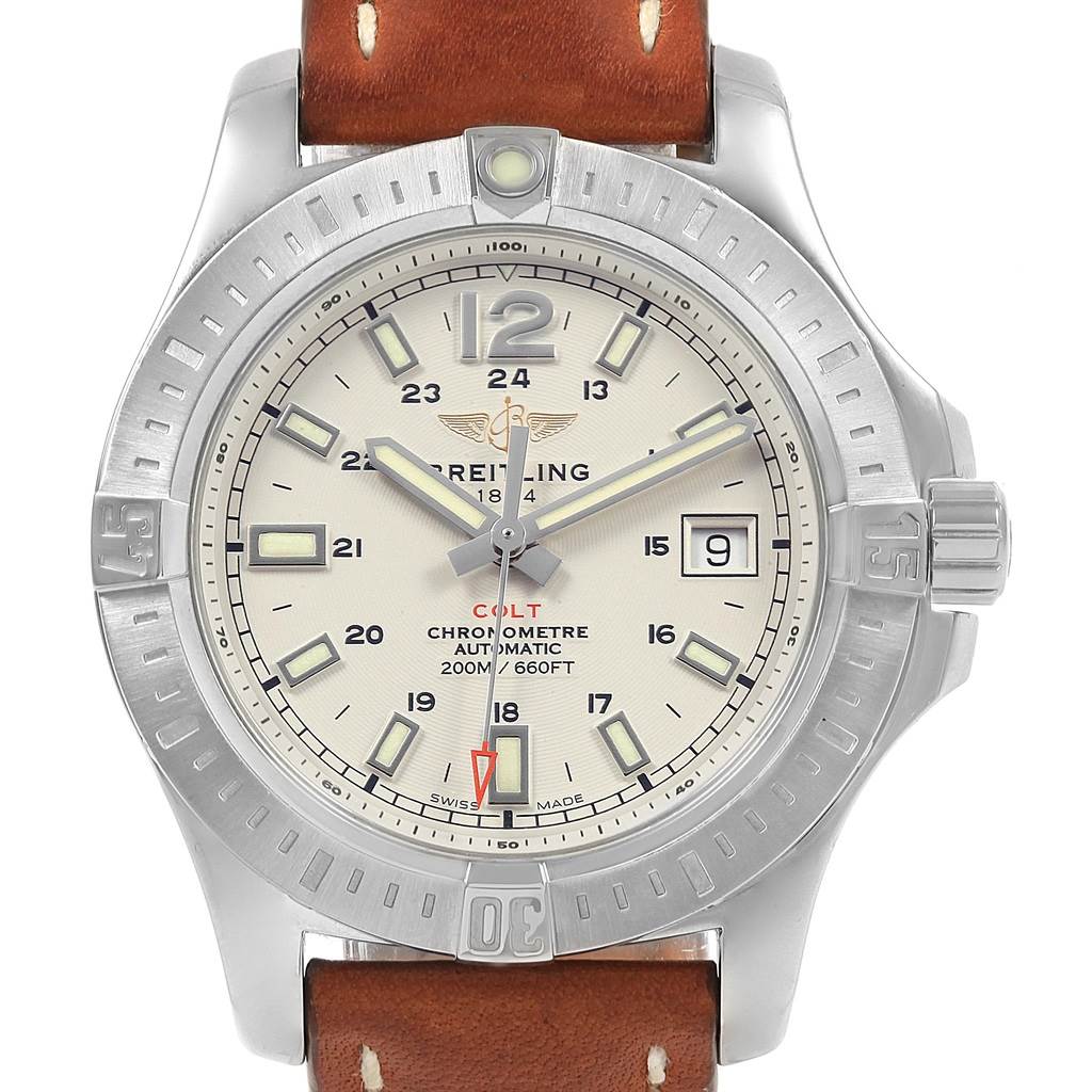 The image shows a front view of a Breitling Colt A17313 Men's Stainless Steel Silver Dial A17313 Men's Stainless Steel Silver Dial watch, highlighting its dial, bezel, and leather strap.
