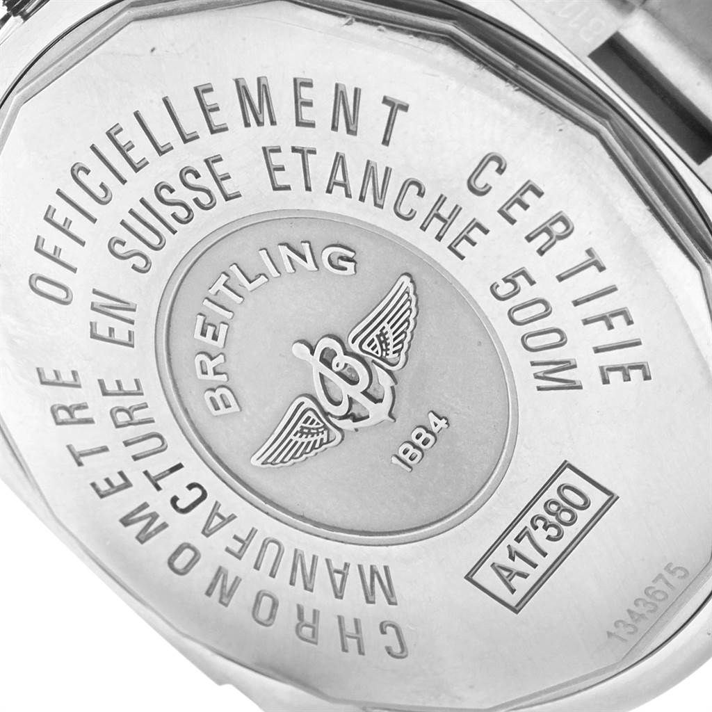 This image shows the case back of a Breitling Colt A17380 Men's Stainless Steel Black Dial A17380 Men's Stainless Steel Black Dial model watch with engraved details and branding visible.