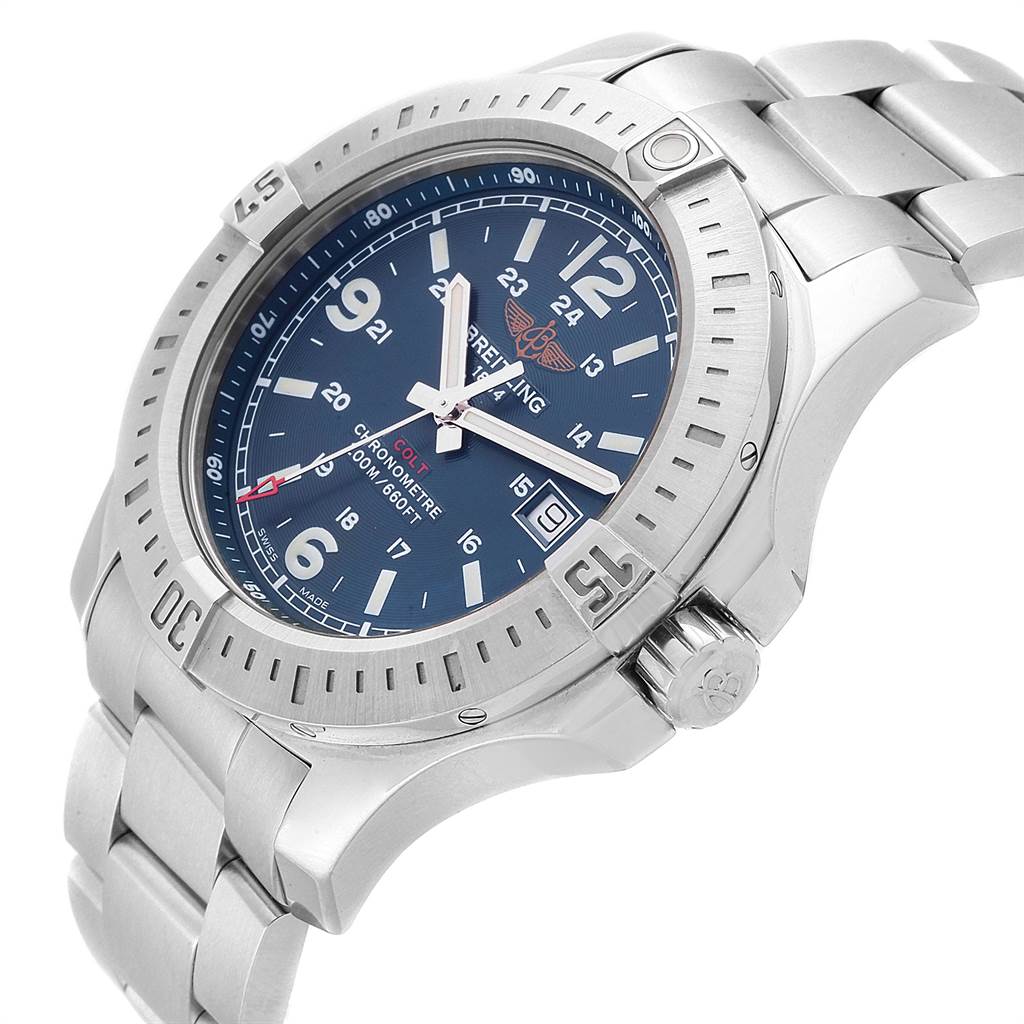 The Breitling Colt A74388 Men's Stainless Steel Blue Dial A74388 Men's Stainless Steel Blue Dial watch is shown at an angled view, highlighting its dial, bezel, and stainless steel bracelet.