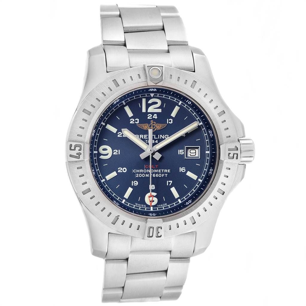 The Breitling Colt A74388 Men's Stainless Steel Blue Dial A74388 Men's Stainless Steel Blue Dial watch is shown from a front angle, displaying the dial, bezel, and bracelet.