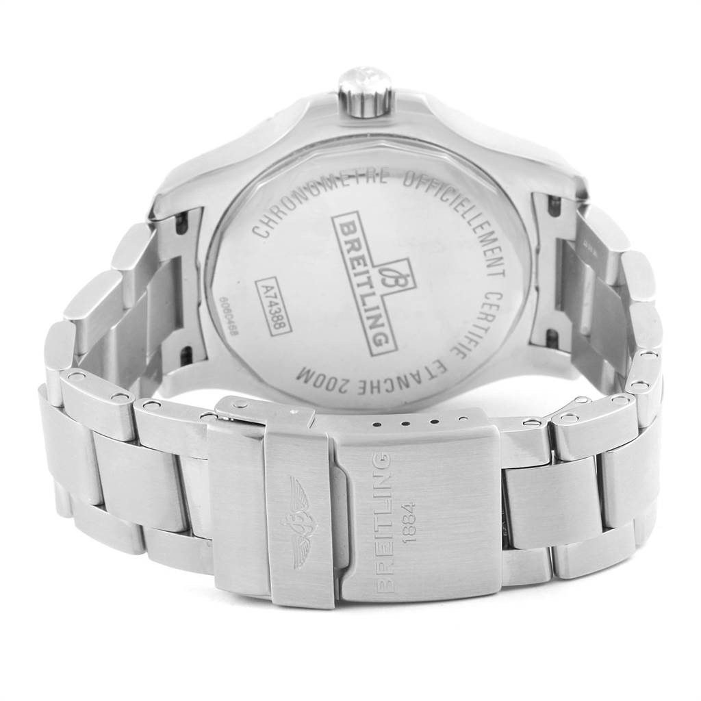 This image shows the back case and bracelet clasp of a Breitling Colt A74388 Men's Stainless Steel Blue Dial A74388 Men's Stainless Steel Blue Dial watch from a rear angle.