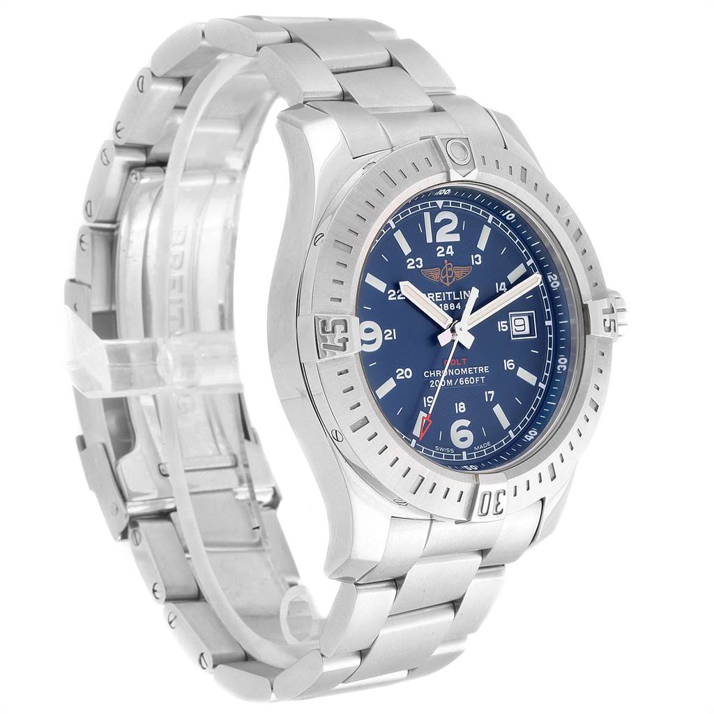 The image shows a side angle of the Breitling Colt A74388 Men's Stainless Steel Blue Dial A74388 Men's Stainless Steel Blue Dial watch, highlighting its stainless steel bracelet and blue dial.