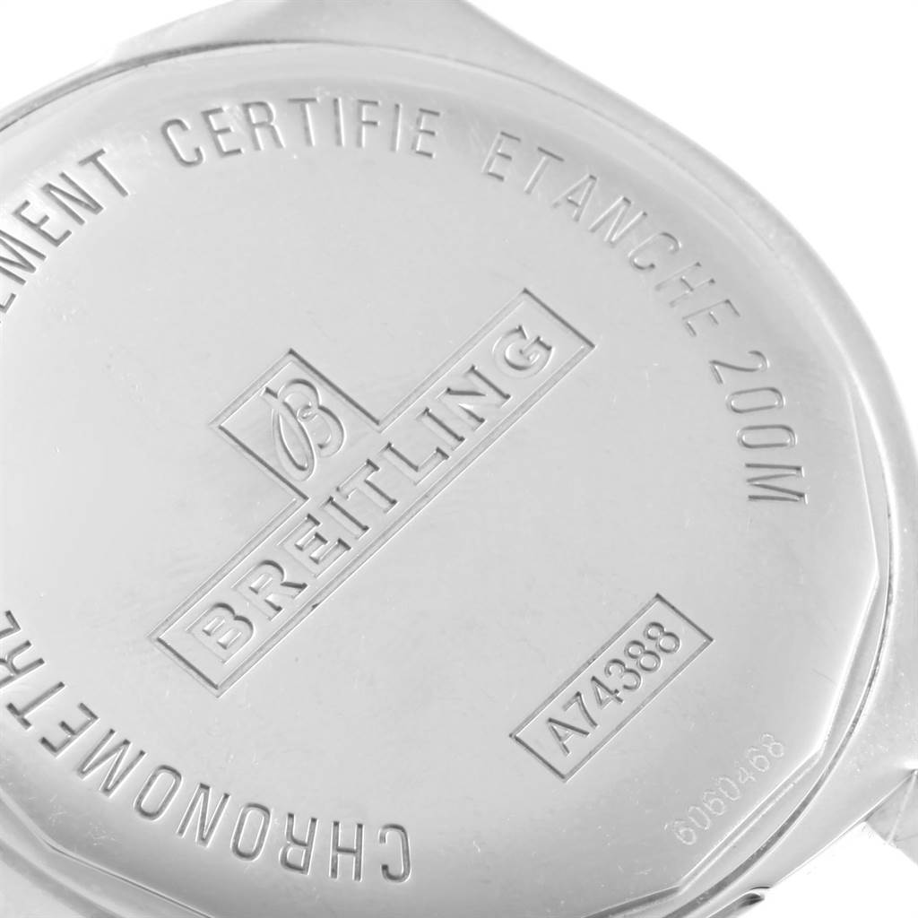 This image shows the case back of a Breitling Colt A74388 Men's Stainless Steel Blue Dial A74388 Men's Stainless Steel Blue Dial model watch, highlighting its engravings and water resistance.