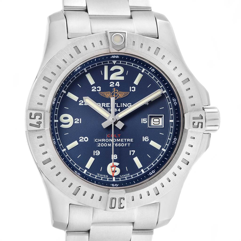 The image shows a front view of the Breitling Colt A74388 Men's Stainless Steel Blue Dial A74388 Men's Stainless Steel Blue Dial watch, highlighting its dial, bezel, and bracelet.